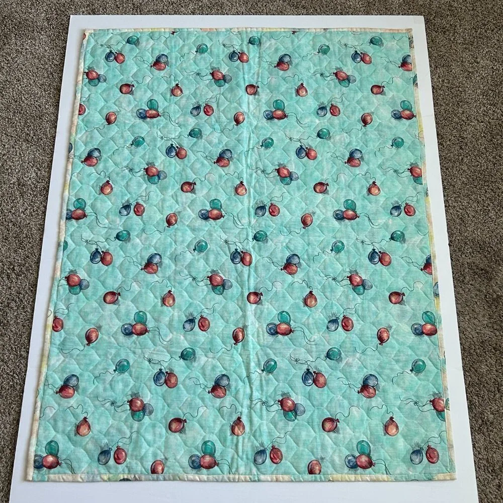 Handmade Baby Blanket Quilt Bunnies Rabbit Balloons Activity Play Mat 33x43 Inch
